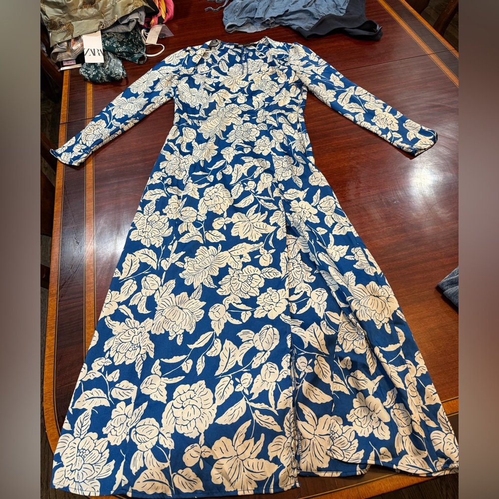 Zara Blue and Cream Floral Long Sleeve Dress